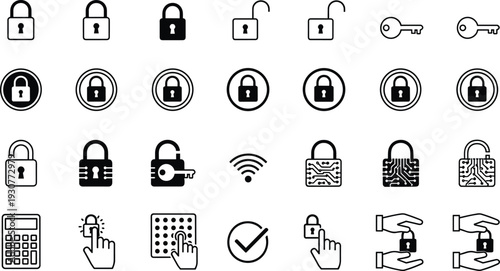 Cyber Security and Data Protection Icon Set Featuring Padlocks Keys Digital Encryption Wi-Fi Signals Fingerprint Scanners Secure Login Privacy and Information Safety Vector Icons