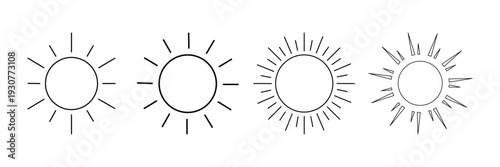 Sun Icon Set – Sunshine, Solar Energy, Sunrise and Sunset Vector Symbols