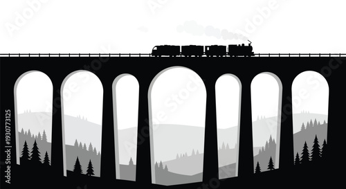 Vector illustration of train on arched bridge
