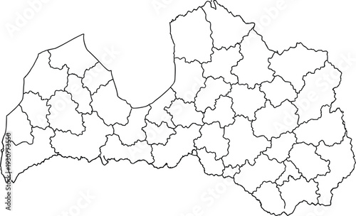 Black and White Outline Map of Latvia with Administrative Municipality Borders Isolated on White Background for Educational Geography and Professional Vector Design