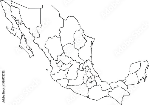 Black and White Outline Map of Mexico with Internal State Borders and Administrative Boundaries Isolated on a Plain White Background for Design