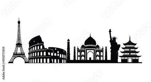 Set of 6 famous landmarks vector silhouettes