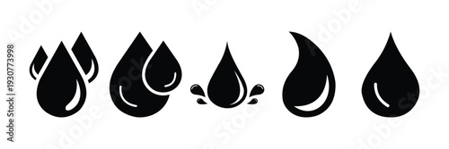 Water Drop Icon Set – Blue Raindrop, Splash, Oil and Liquid Droplet Vector Symbols