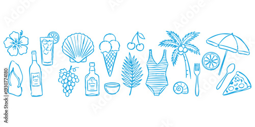 Hand drawn blue summer doodles collection featuring beach elements food and drinks on white background vector illustration set