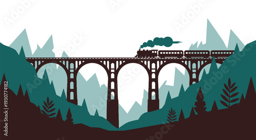 Vector illustration of train on bridge in mountains