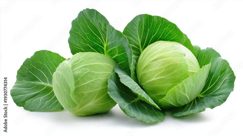 Fototapeta premium Fresh green cabbage heads on white background