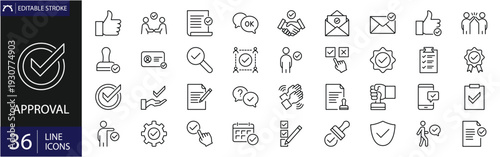Approval icons set. Includes symbols of check marks, verified badges, confirmation, quality assurance, agreement, and successful validation. Editable stroke. Vector illustration. Outline icons. 