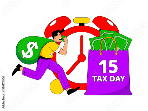 A cartoon man rushing to pay taxes on time with a clock and money bag
