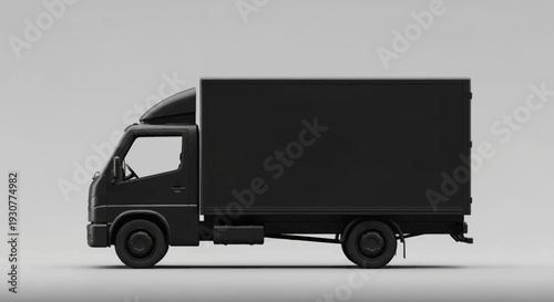 A sleek black delivery truck rendered in a minimalist style against a neutral backdrop