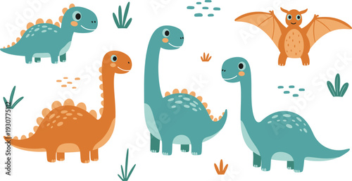 Colorful illustration of dinosaurs and a bat in a prehistoric landscape with plants