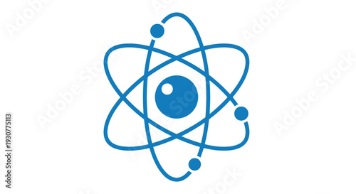 A symbolic illustration of an atom with orbiting electrons in a vibrant blue color