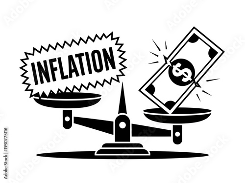 A black and white vector graphic illustration of a scale with inflation and money on either side, symbolizing economic imbalance.