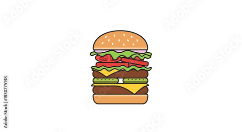 A vibrant cartoon illustration of a stacked burger ready for a feast no comma needed