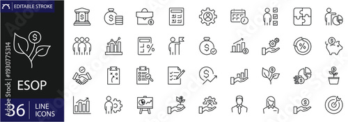ESOP icons set. Includes symbols of employee ownership, stock options, shares, financial growth, company benefits, and investment plans. Editable stroke. Vector illustration. Outline icons.