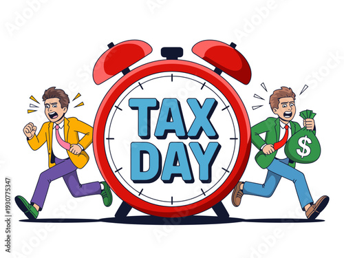 Two men running around a large red alarm clock with Tax Day written on it