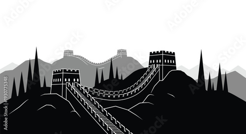 Great Wall of China, China Landmark, Black Silhouette, Vector Illustration, Travel Icon
