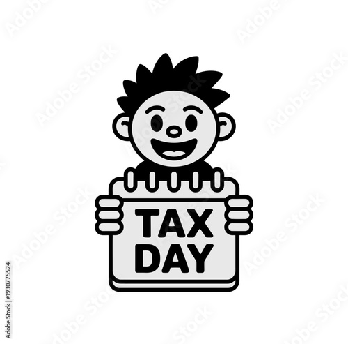 A cheerful cartoon boy holding a sign that reads Tax Day in a simple, flat design