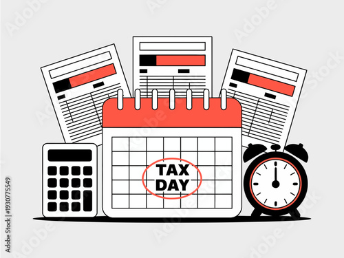 A vector graphic illustration of a calendar with tax day marked, surrounded by financial documents, a calculator, and an alarm clock.