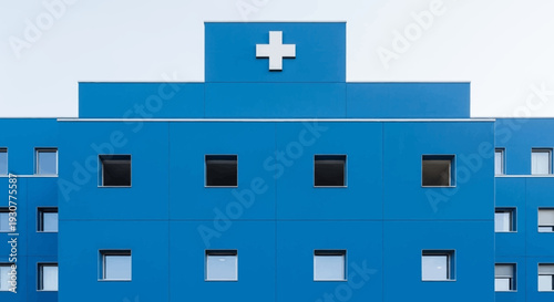 Architectural depiction of a modern hospital building with a distinct blue exterior and a cross