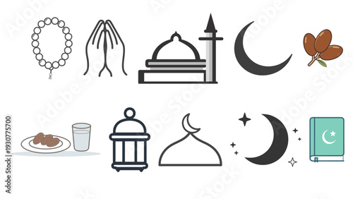 Ramadan icons set depicting traditional symbols and practices in a minimalist style
