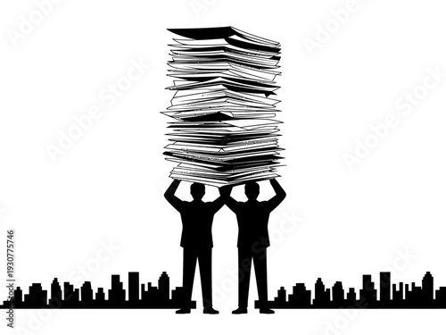 Two men in silhouette holding up a large stack of papers above a city skyline