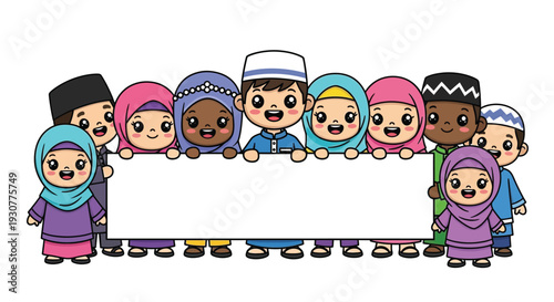 Diverse group of cartoon children holding a blank banner together