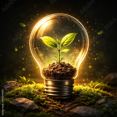 Naklejka 光る電球の中で育つ緑の植物、SDGsと環境イノベーションのイメージ、正方形イラスト
