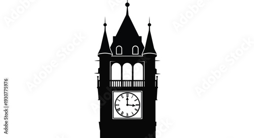 Clock tower silhouette, Gothic architecture icon, black and white illustration, clock face details