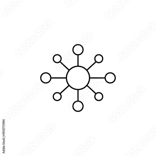 Minimalist vector icon illustrating a central node with multiple connected points, signifying network connections, data distribution, and conceptual links in technology and innovation
