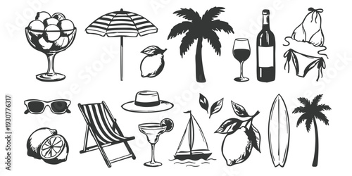 Hand drawn summer beach icons set with palm trees, cocktails, and vacation elements in vintage sketch vector illustration style