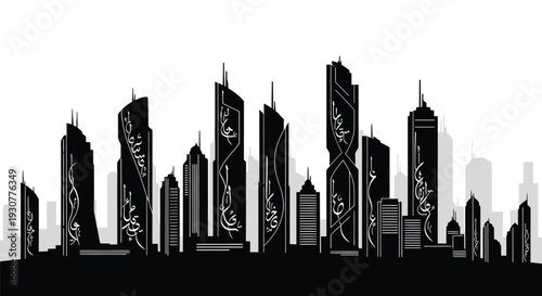 City skyline, urban landscape, black silhouette, modern buildings, cityscape