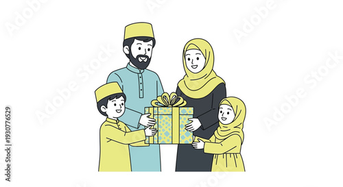 Muslim family celebrating together with a gift in a cartoon style