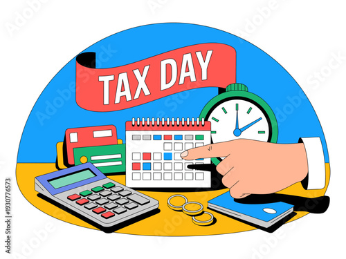 A colorful vector graphic illustration of a hand pointing to a calendar with tax day written above it