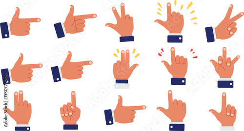 Various hand gestures with fingers pointing and signaling different directions and actions