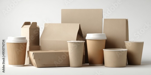 Eco Friendly Brown Paper Take Out Tableware on White Background. Street Food Recyclable Packaging. Zero Waste Paperware. Mockup. Disposable Utensil Set. Recycled Coffee To Go Cup. Plastic Free Concept