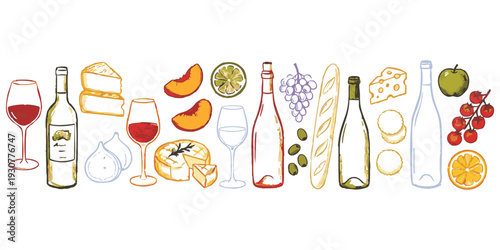 Hand drawn vector illustration of wine bottles glasses cheese bread and assorted fruits set against a clean white background