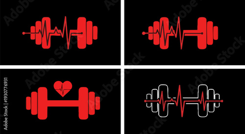 Set of 4 Red Dumbbell Heartbeat Icons Vector