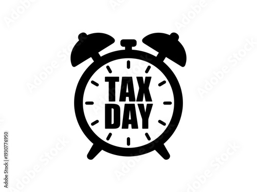 A minimalist vector graphic illustration of an alarm clock with TAX DAY written on it