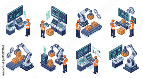 Automated factory scenes depict robotics data analysis and logistics operations