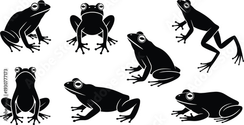 Frog silhouette collection with various sitting and jumping poses, black toad icons, amphibian set, cad drawing flat vector illustration, isolated on white