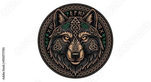Detailed illustration of a wolf s head encircled by runic symbols