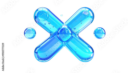 Two translucent blue capsules cross, with water droplets surrounding a droplet at the center on a black background