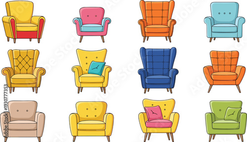 Colorful Armchair Collection with Cozy Modern Lounge Chairs and Cushions Interior Furniture Vector Illustration