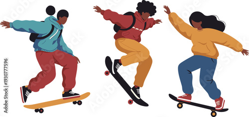 Three young people skateboarding in different colorful outfits and poses