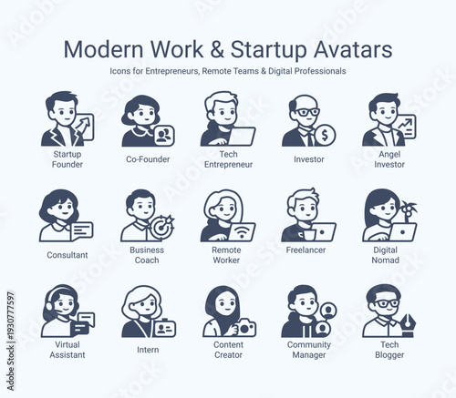 Creative & Digital Professionals Line Avatars – Graphic Designer, Content Creator, Photographer, Video Editor, Illustrator