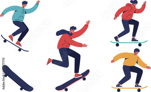 Illustration of young people skateboarding in different positions and actions