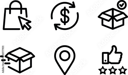 Ecommerce icons set depicting shopping bag cursor dollar sign return package delivery location and customer feedback