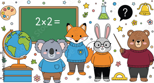 Cute Animal School Characters Set with Blackboard Globe Fox Rabbit Koala and Bear Teacher Vector Illustration