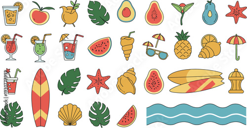 Colorful tropical icons and symbols including fruits and cocktails