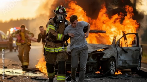Firefighter leading young man away from a car crash fire with ambulance in the background at sunset, emergency rescue concept